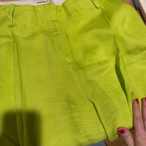 Sandro Neon Lime Green Pants w/ Defect Viscose Linen Wide Leg Trouser Pleated - Picture 9 of 9